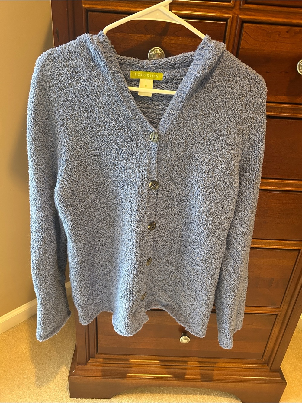 Sigrid Olsen Blue Hooded Button-Front Cardigan, size medium, soft, 82% polyester